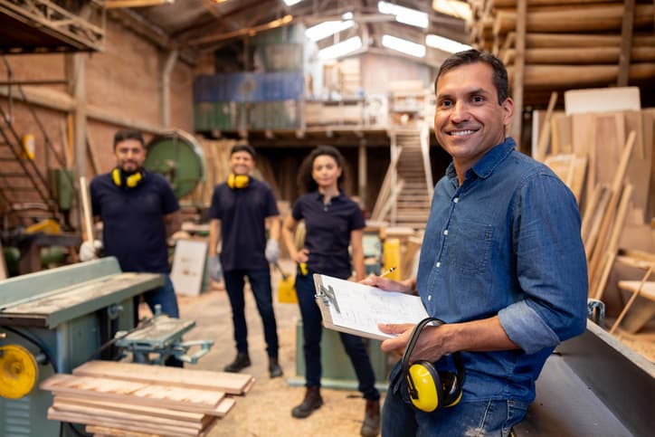 Business manager smiling at a wood factory